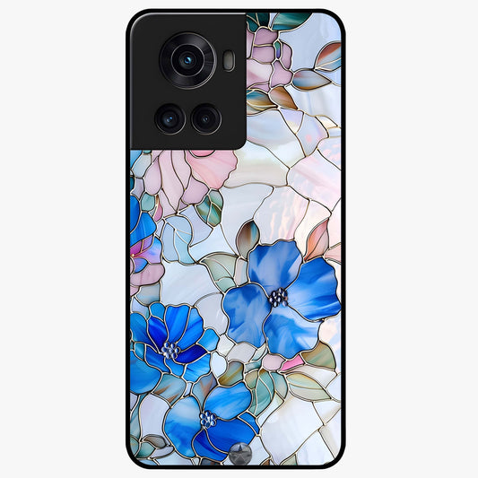 Stained Blue Floral Glass Case for 1+10R elegant front view featuring blue stained glass inspired floral artwork