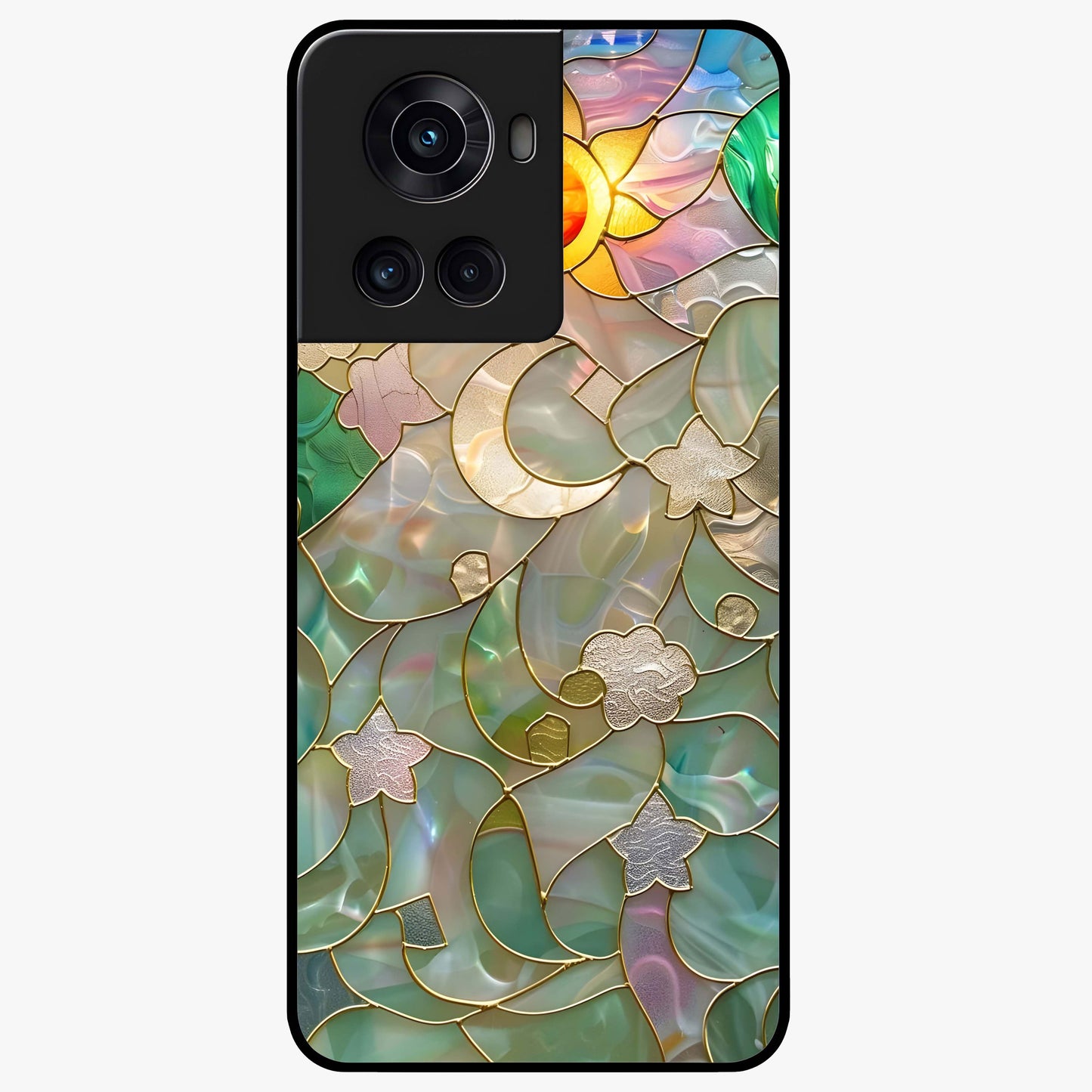 Stained Sunrise Glow Glass Case for 1+10R radiant front view featuring sunrise inspired stained glass artwork