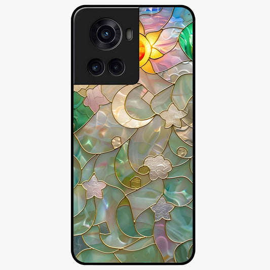 Stained Sunrise Glow Glass Case for 1+10R radiant front view featuring sunrise inspired stained glass artwork