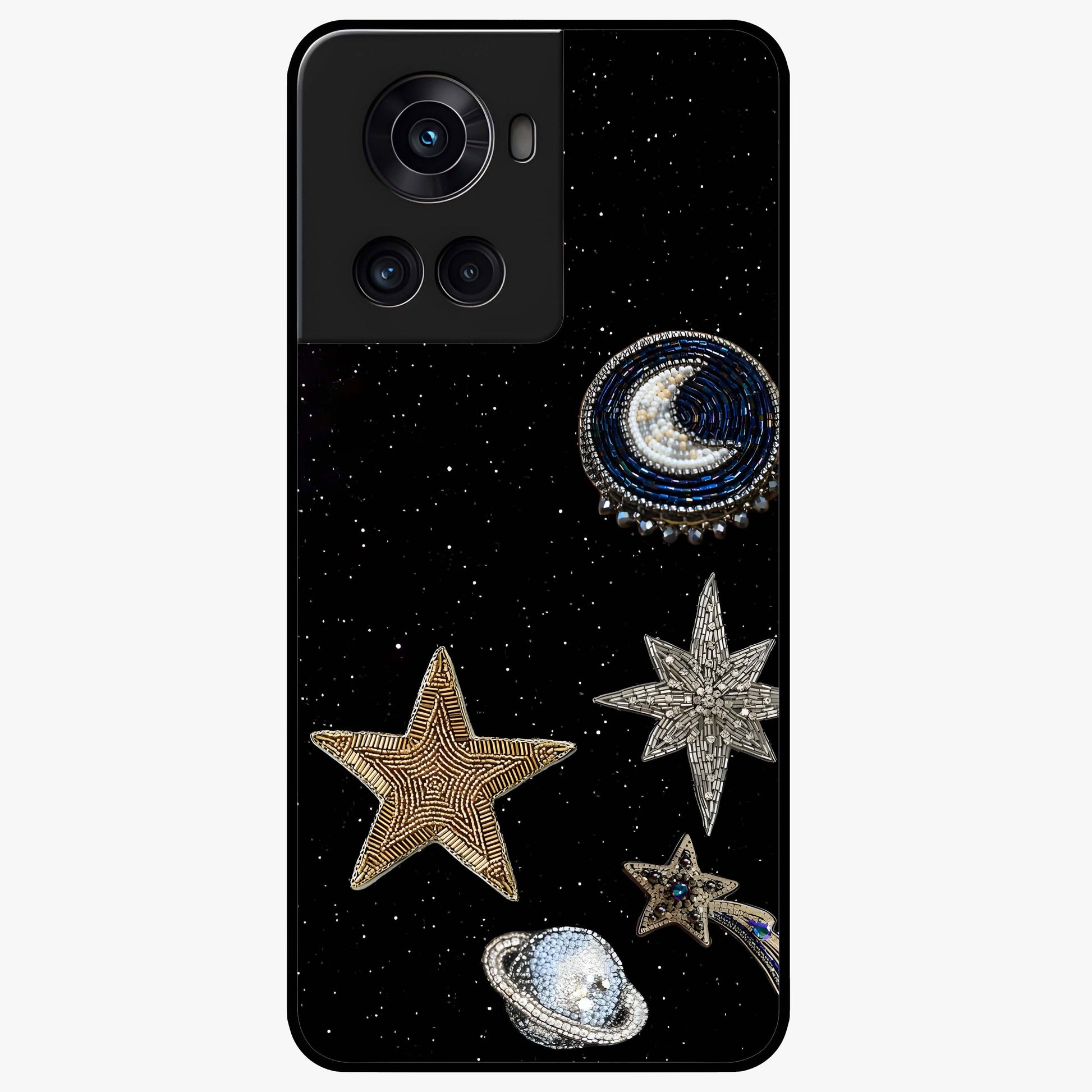 Starlit Cosmic Dreams Glass Case for 1+10R vibrant front view featuring galaxy inspired artistic artwork