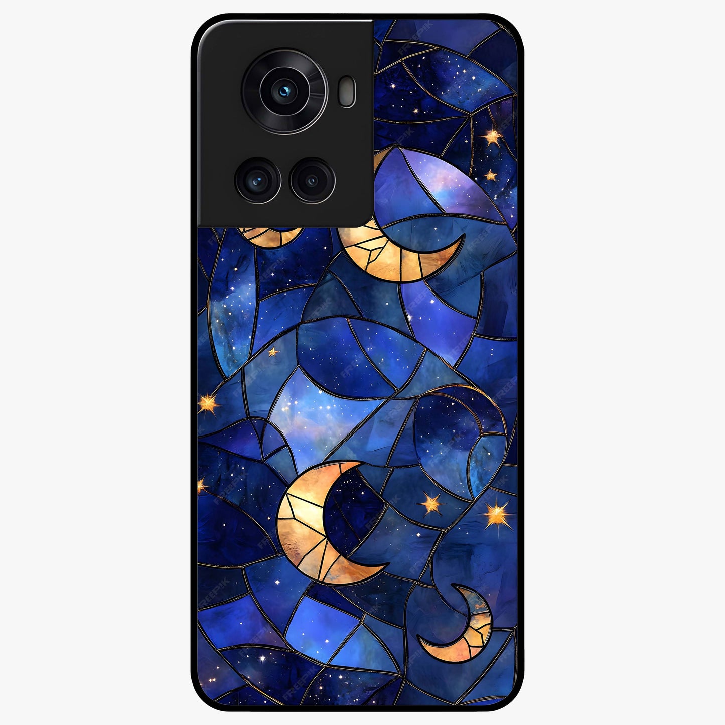 Starlit Sky Tapestry Glass Case for 1+10R elegant front view featuring starry sky artwork in tapestry style