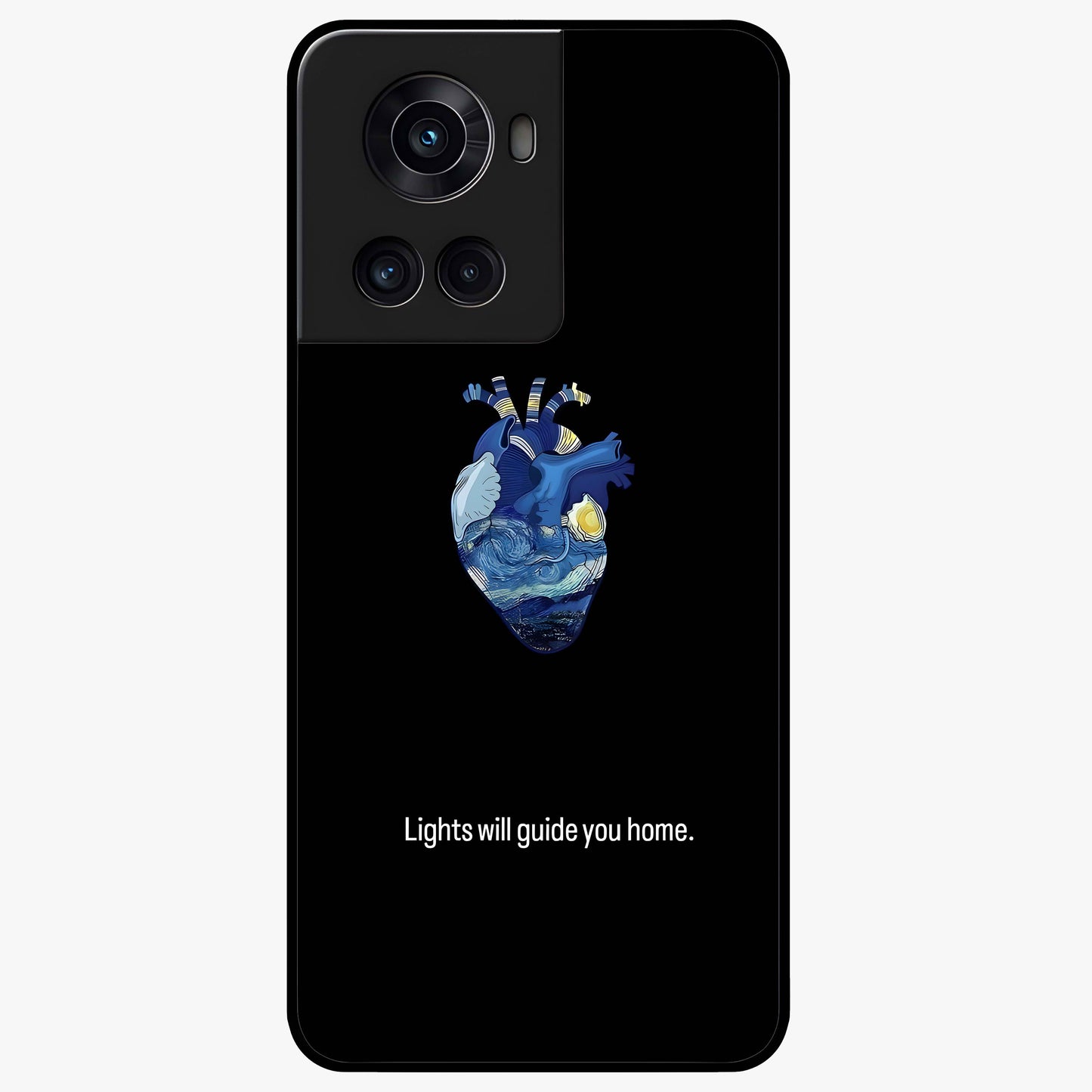 Starry Heart Compass Glass Case for 1+10R artistic front view featuring heart shaped compass artwork with star details