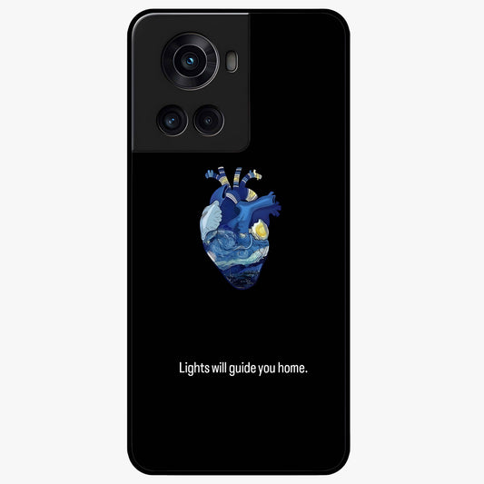Starry Heart Compass Glass Case for 1+10R artistic front view featuring heart shaped compass artwork with star details