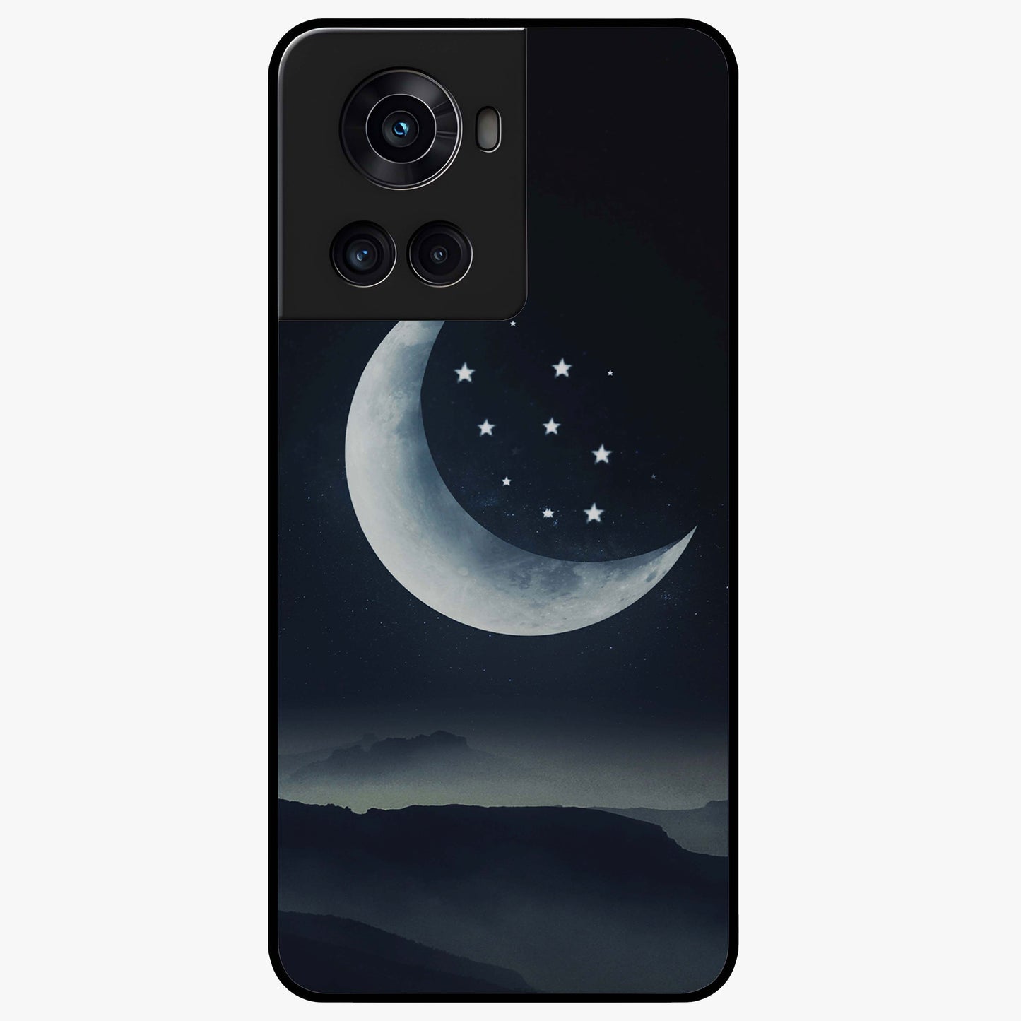 Starry Moon Pattern Glass Case for 1+10R dreamy front view featuring moon and star patterned artwork