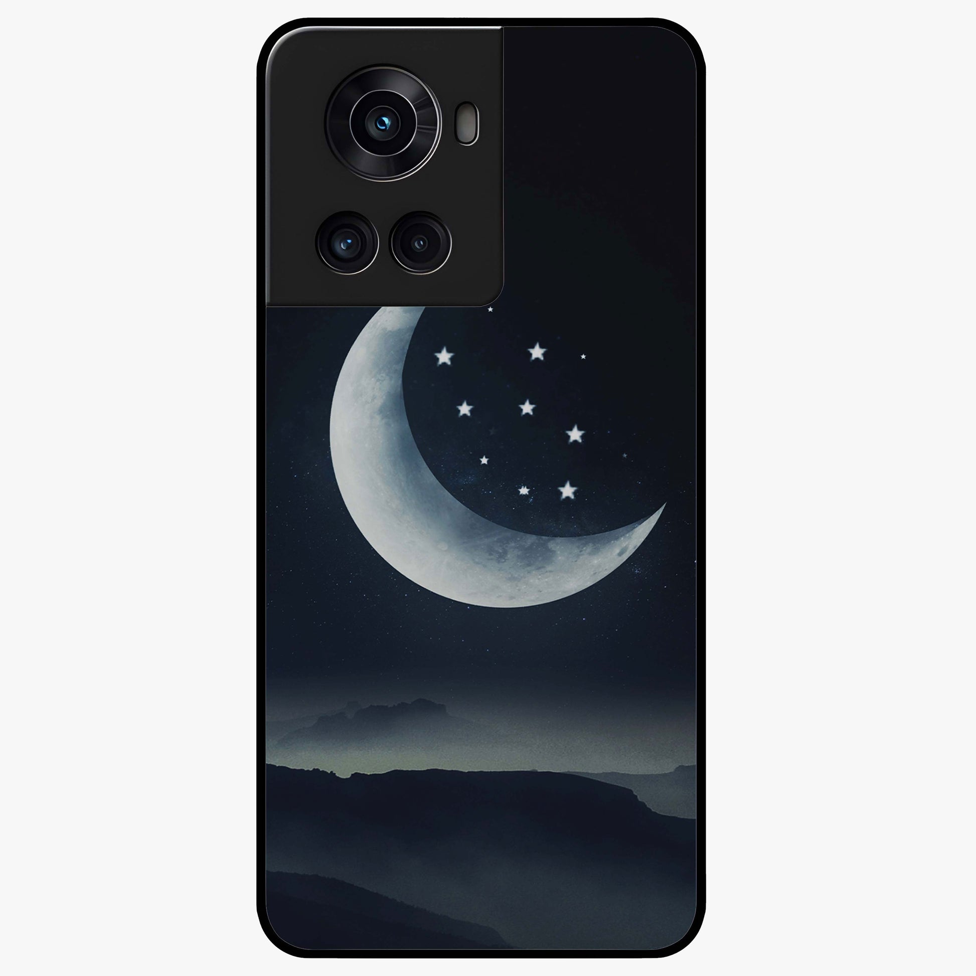 Starry Moon Pattern Glass Case for 1+10R dreamy front view featuring moon and star patterned artwork