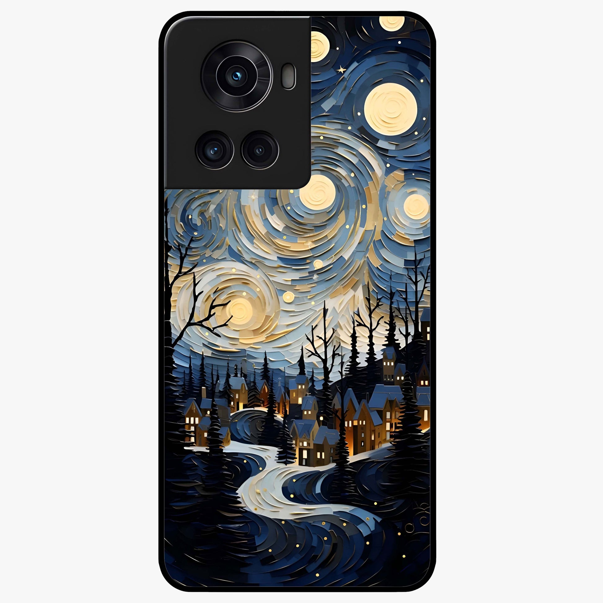 Starry Winter Town Glass Case for 1+10R scenic front view featuring snowy town artwork under sparkling night sky