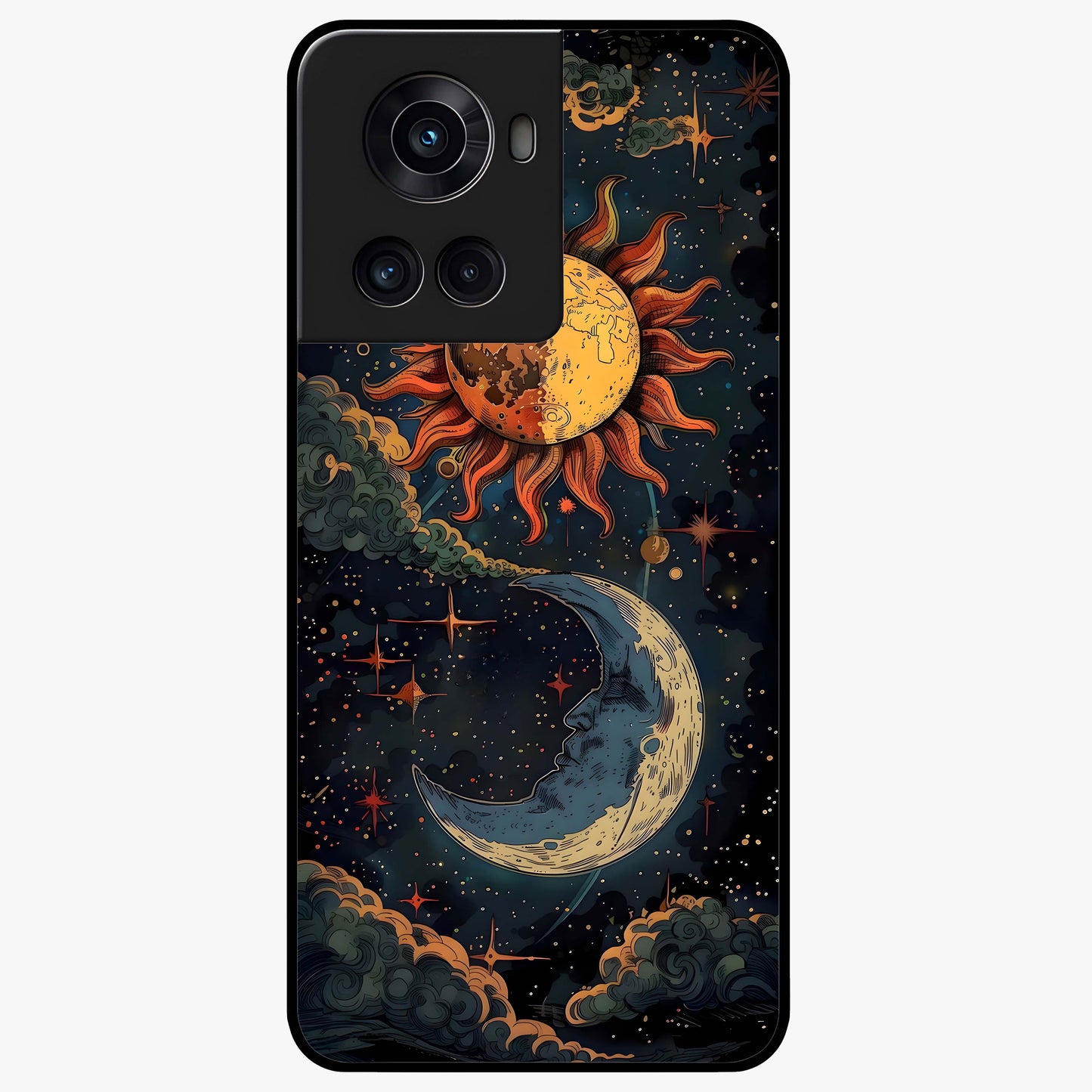 Sun and Moonflowers Glass Case for 1+10R vibrant front view featuring floral artwork blended with sun and moon elements