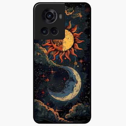 Sun and Moonflowers Glass Case for 1+10R vibrant front view featuring floral artwork blended with sun and moon elements
