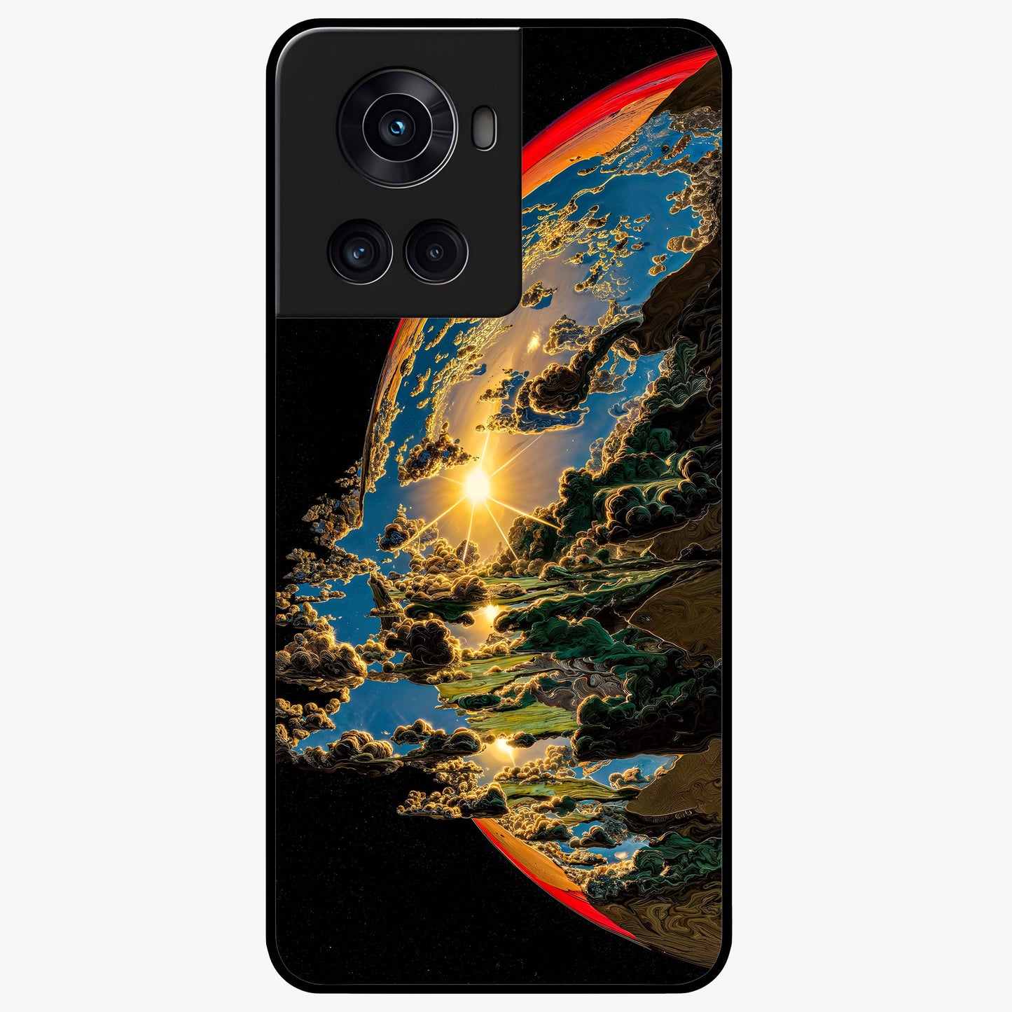 Sunrise Bursting Glass Case for 1+10R radiant front view featuring vibrant sunrise inspired artwork