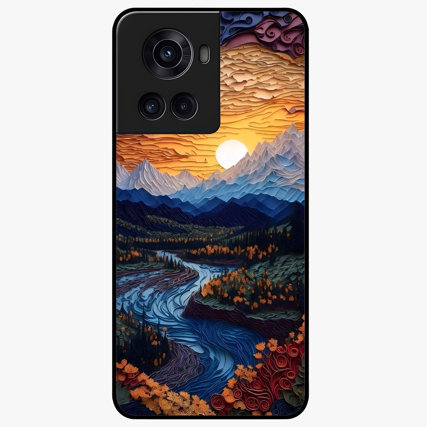 Sunrise River Dreams Glass Case for 1+10R scenic front view featuring river landscape under glowing sunrise sky
