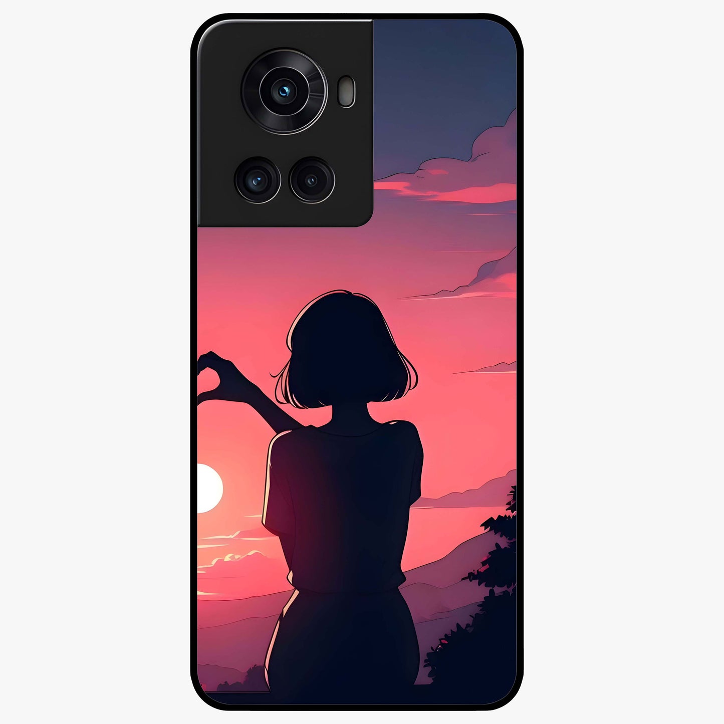 Sunset Silhouette Boy Glass Case for 1+10R artistic front view featuring boy silhouette against warm sunset backdrop