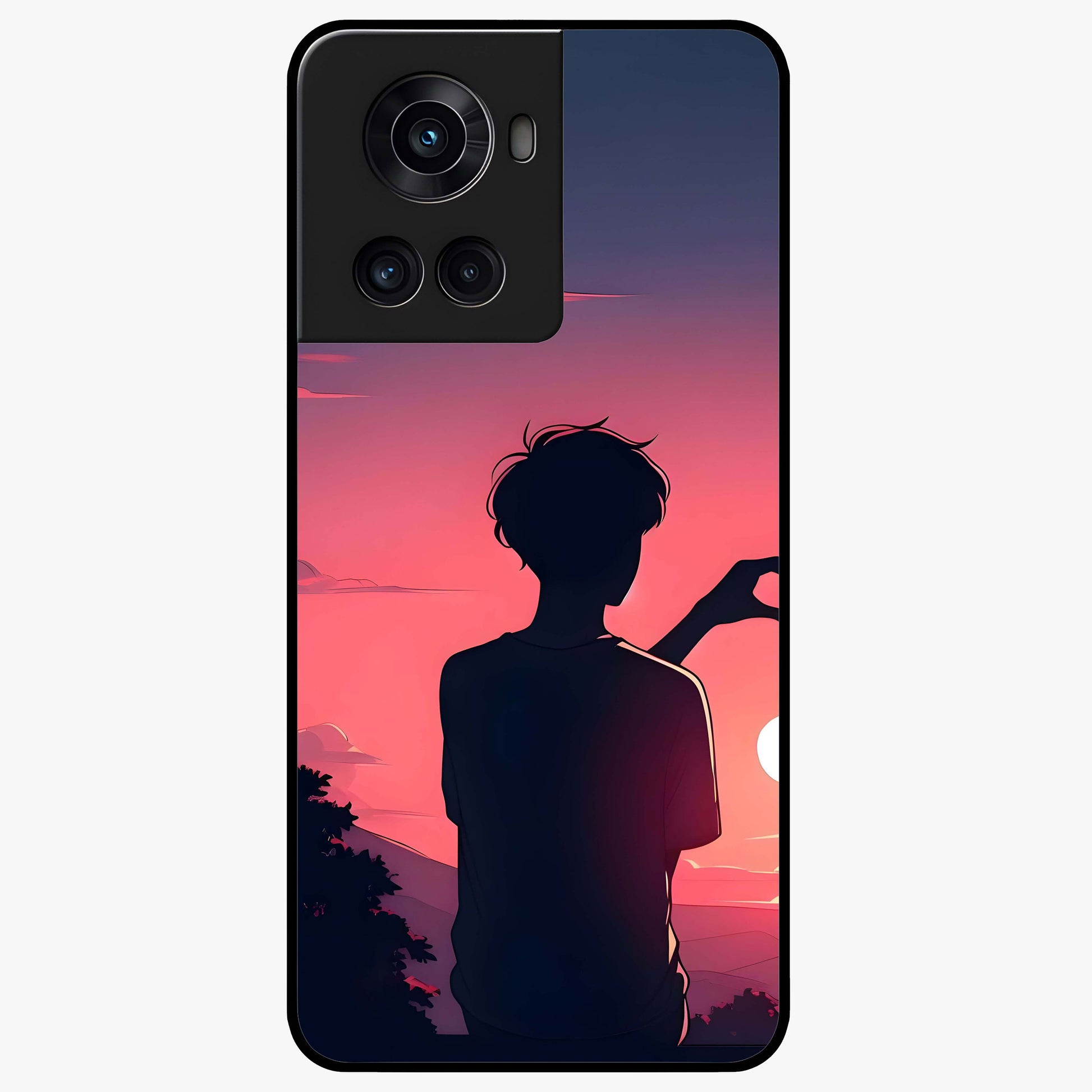 Sunset Silhouette Girl Glass Case for 1+10R aesthetic front view featuring girl silhouette under glowing sunset sky
