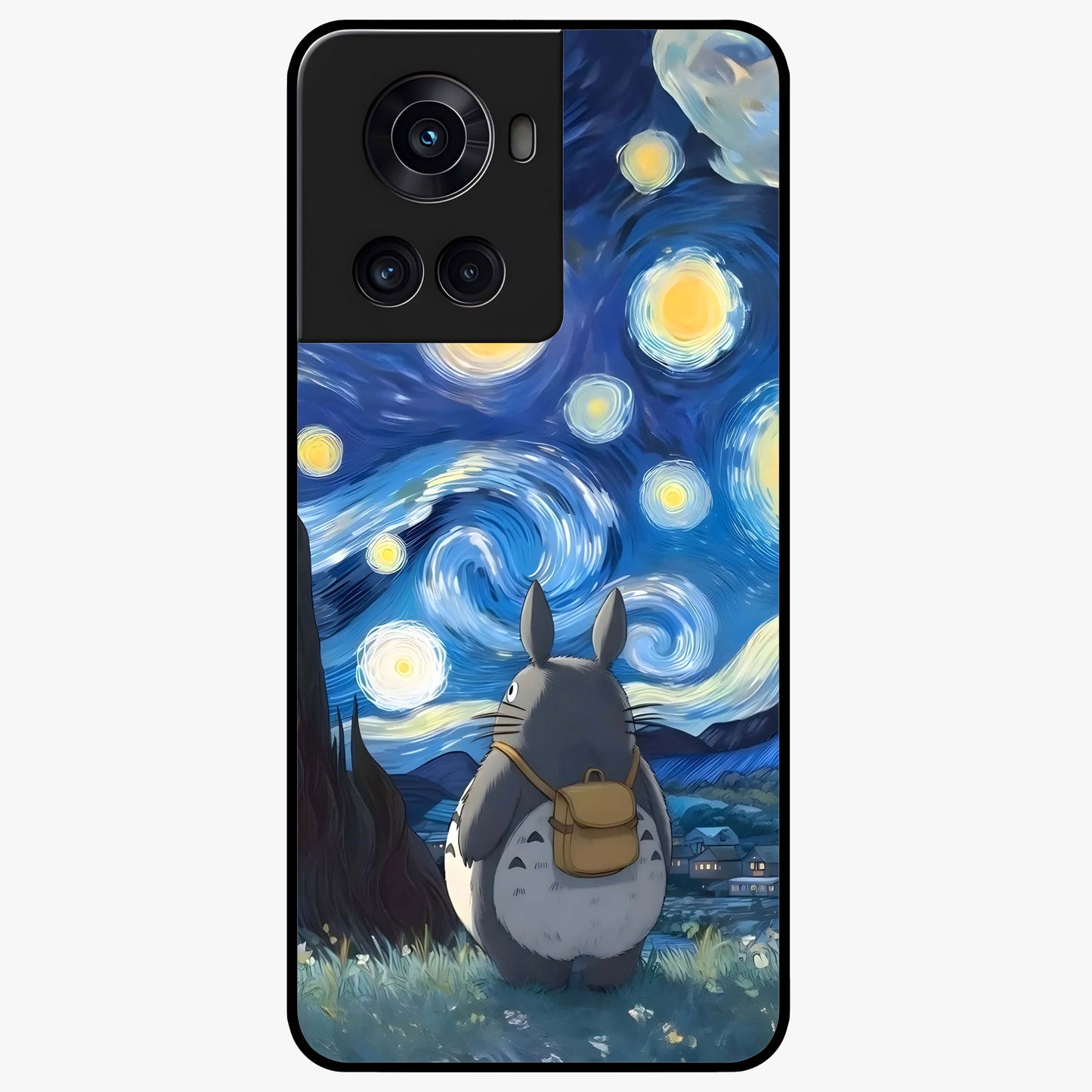 Totoro in Van Gogh Art Glass Case for 1+10R artistic front view featuring whimsical character artwork in painterly style