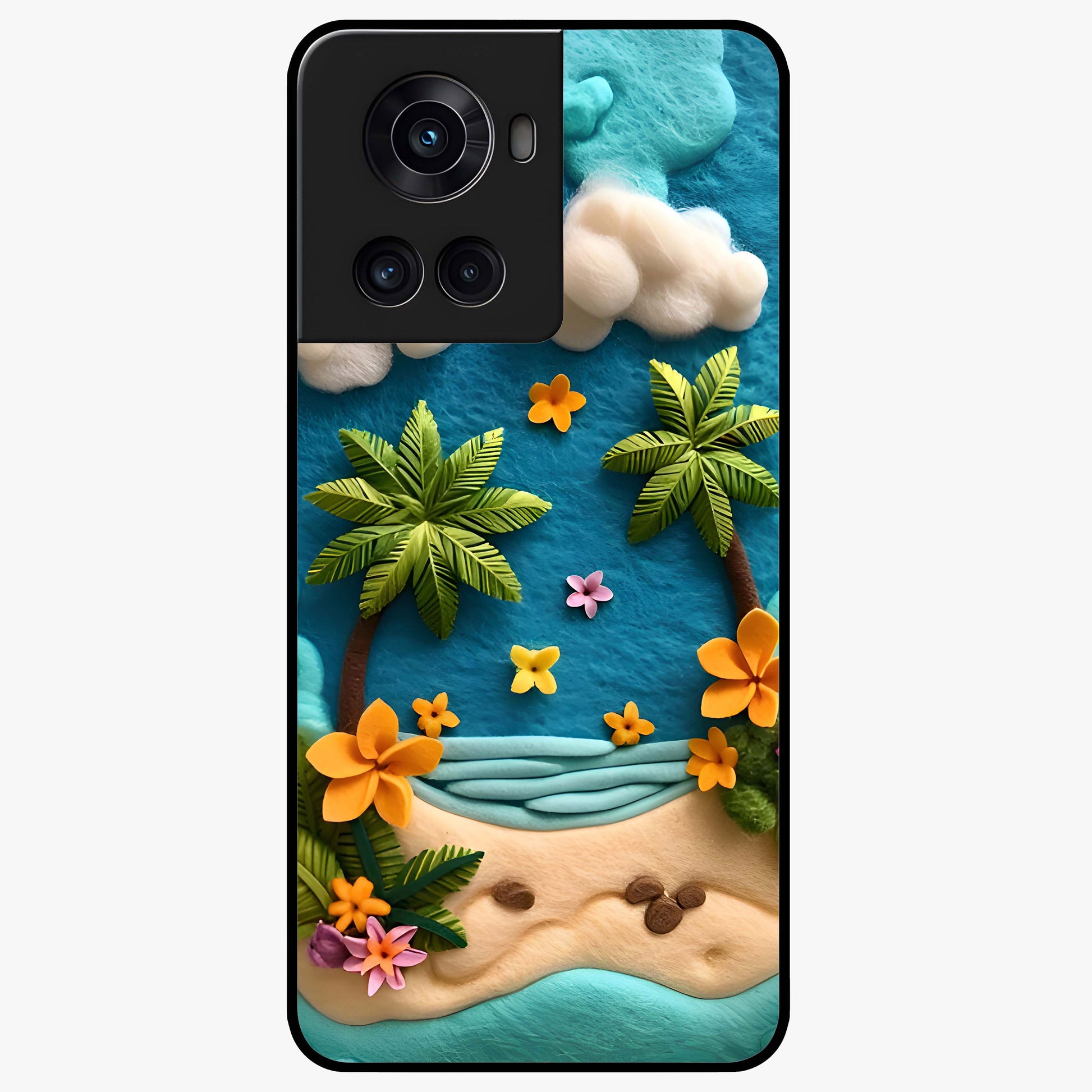 Tropical Felt Escape Glass Case for 1+10R refreshing front view featuring tropical inspired artistic artwork