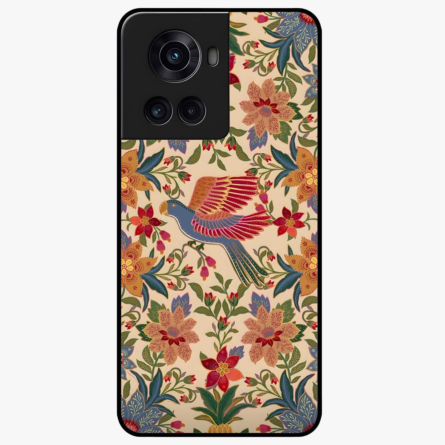 Tropical Folk Art Bird Glass Case for 1+10R artistic front view featuring colorful bird artwork in folk style