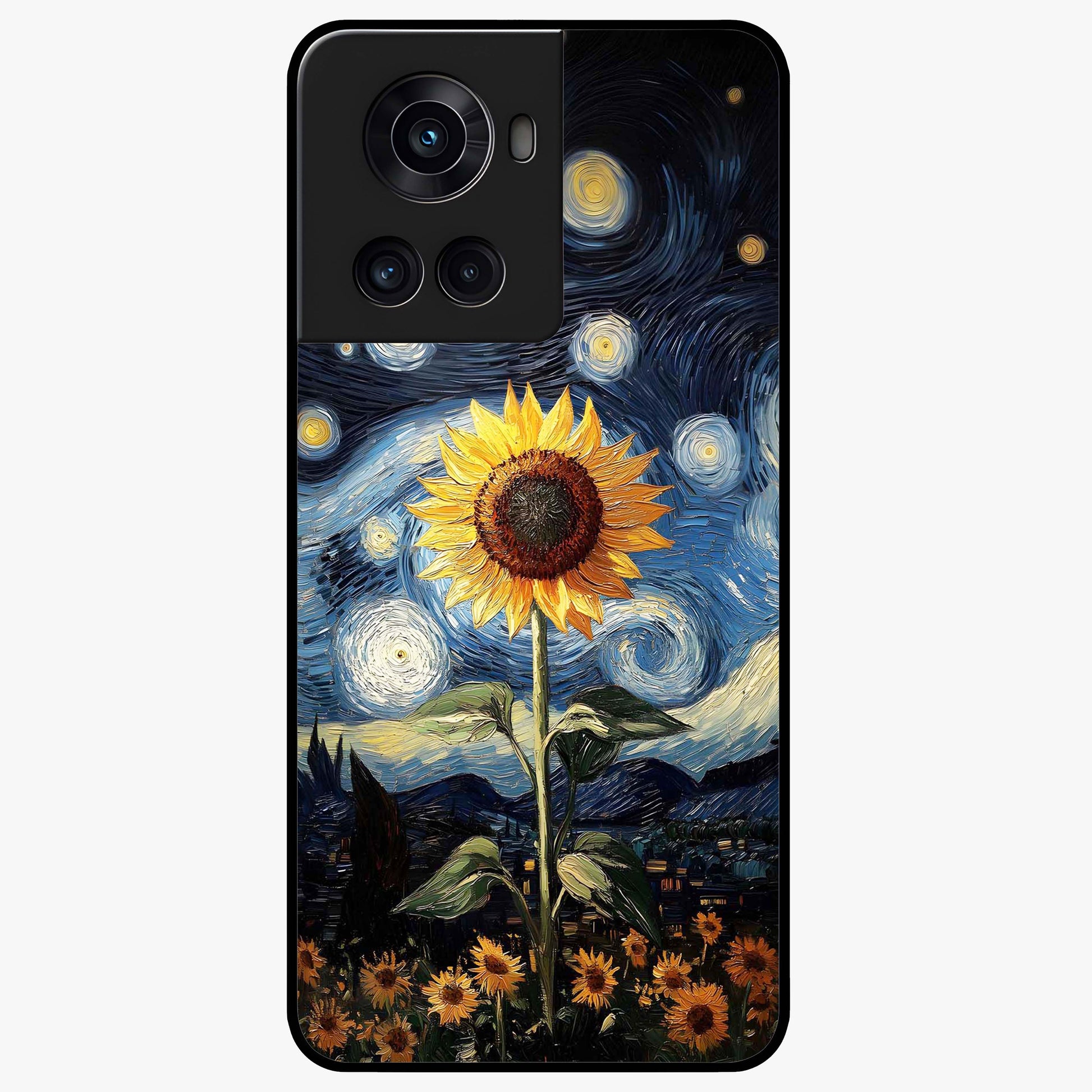 Van Gogh Sunflower Glass Case for 1+10R vibrant front view featuring sunflower artwork in painterly style