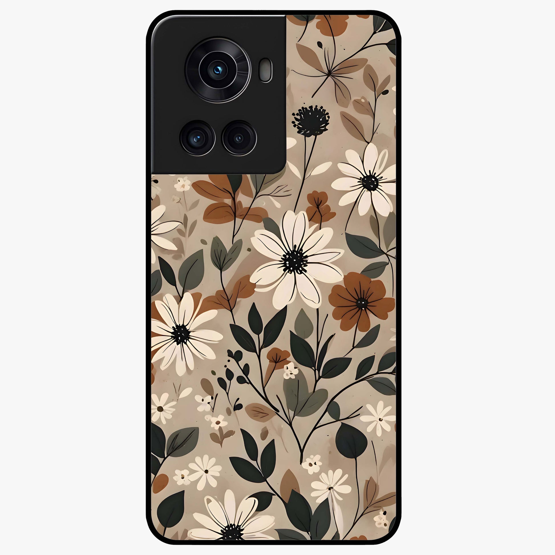 Vector Flowers Glass Case for 1+10R clean front view featuring sharp vector style floral artwork