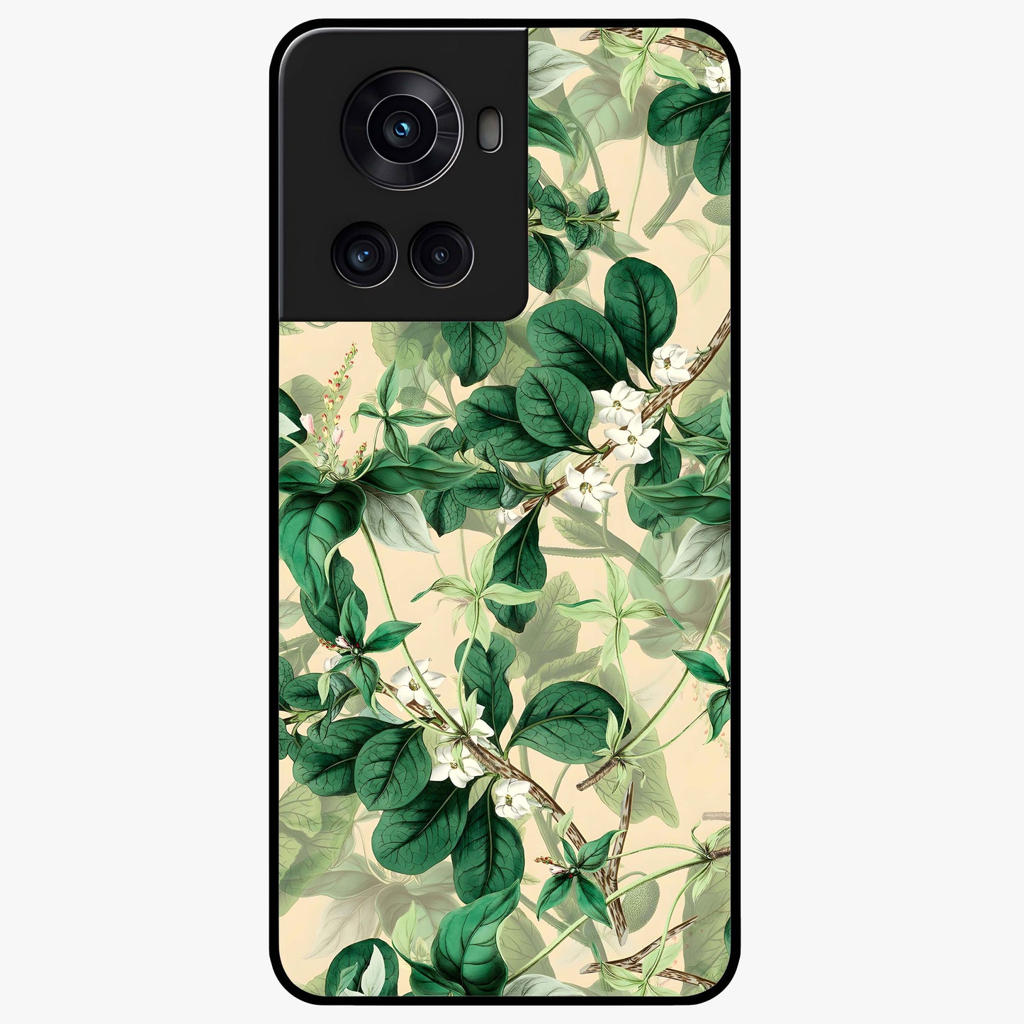 Verdant Garden Whispers Glass Case for 1+10R serene front view featuring lush green floral artwork
