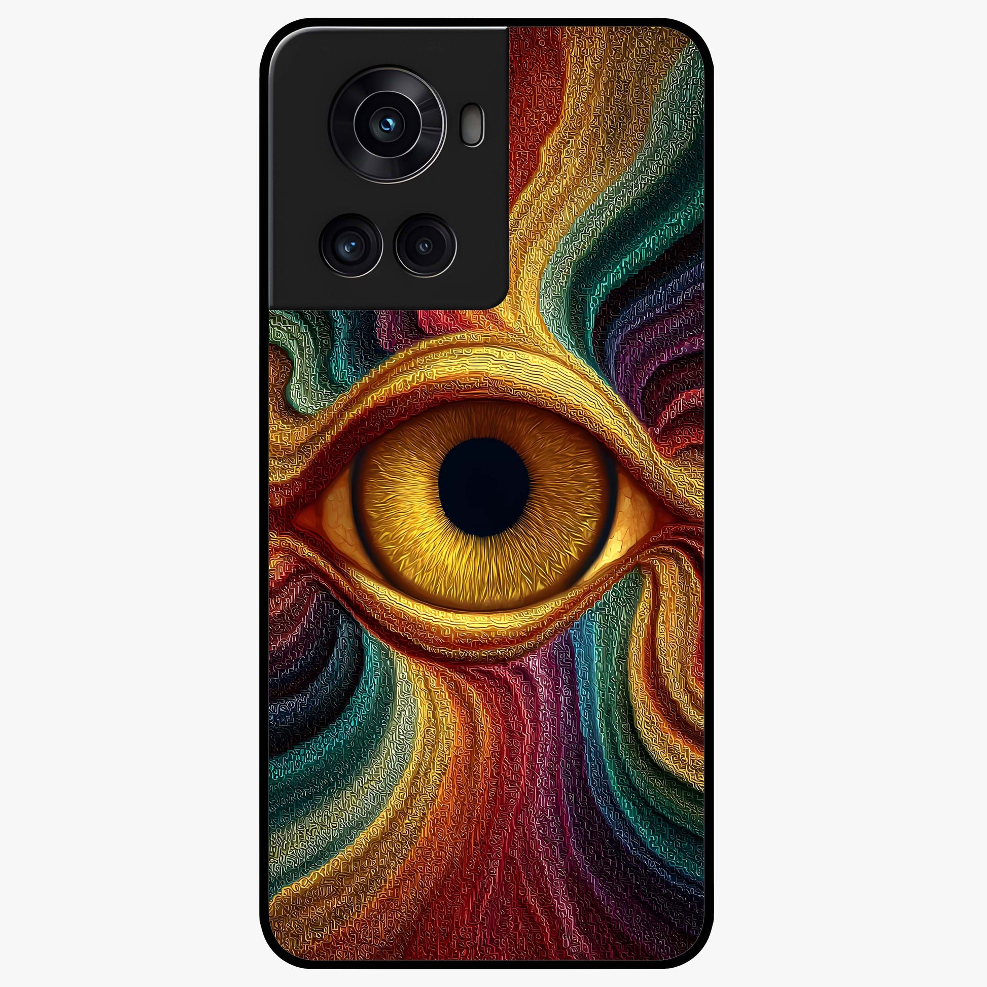 Visionary Flame Core Glass Case for 1+10R intense front view featuring fiery flame inspired artwork