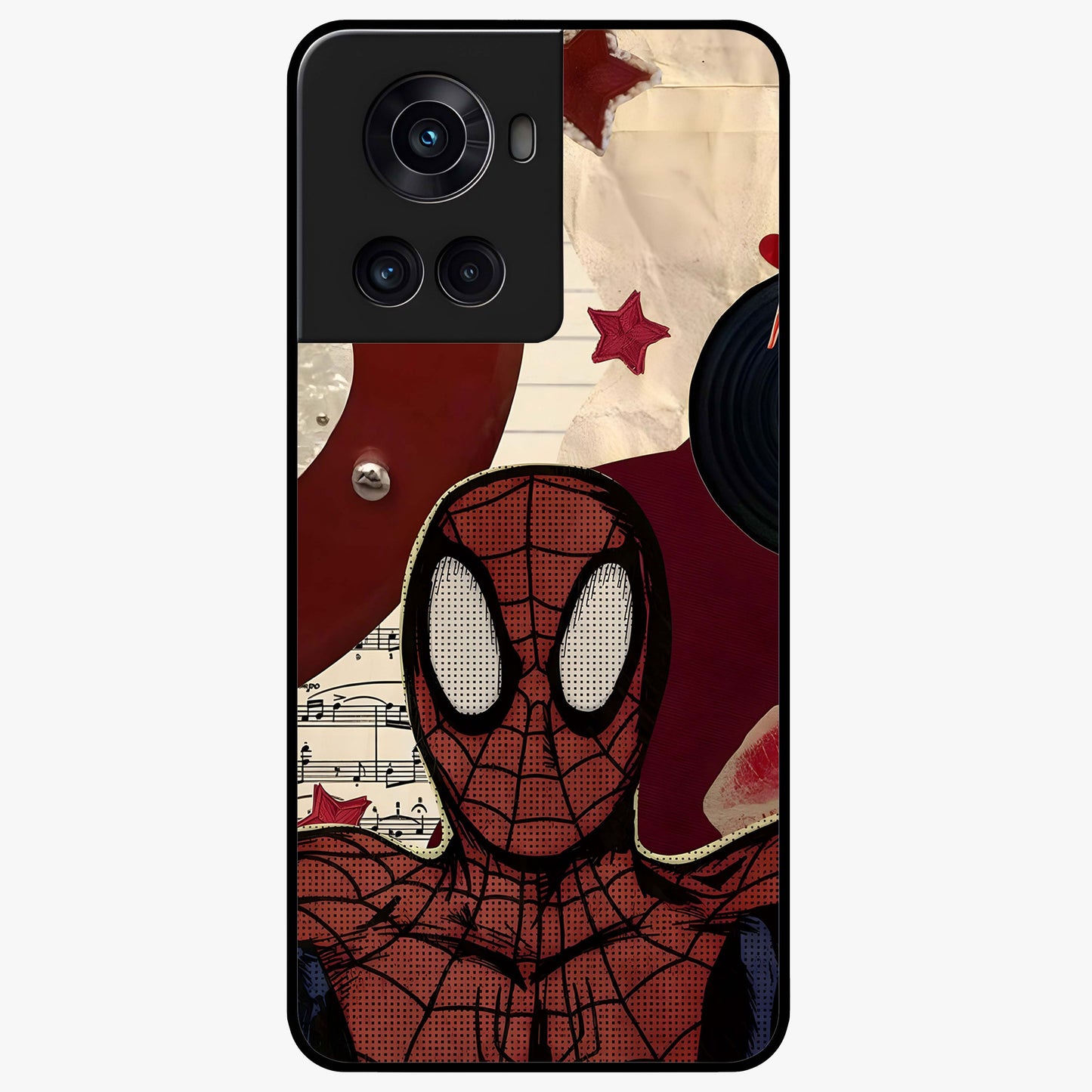 Web Warrior Vibes Glass Case for 1+10R dynamic front view featuring superhero inspired web themed artwork