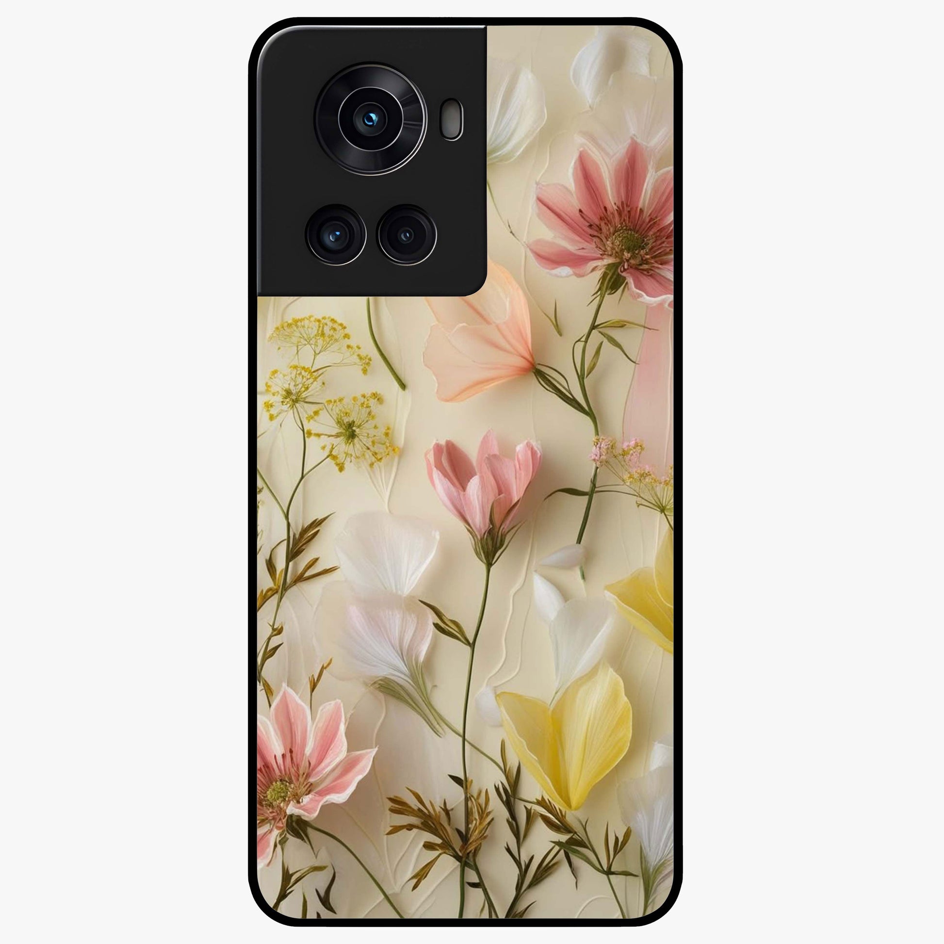 Whispering Petal Harmony Glass Case for 1+10R elegant front view featuring soft floral artwork in pastel tones
