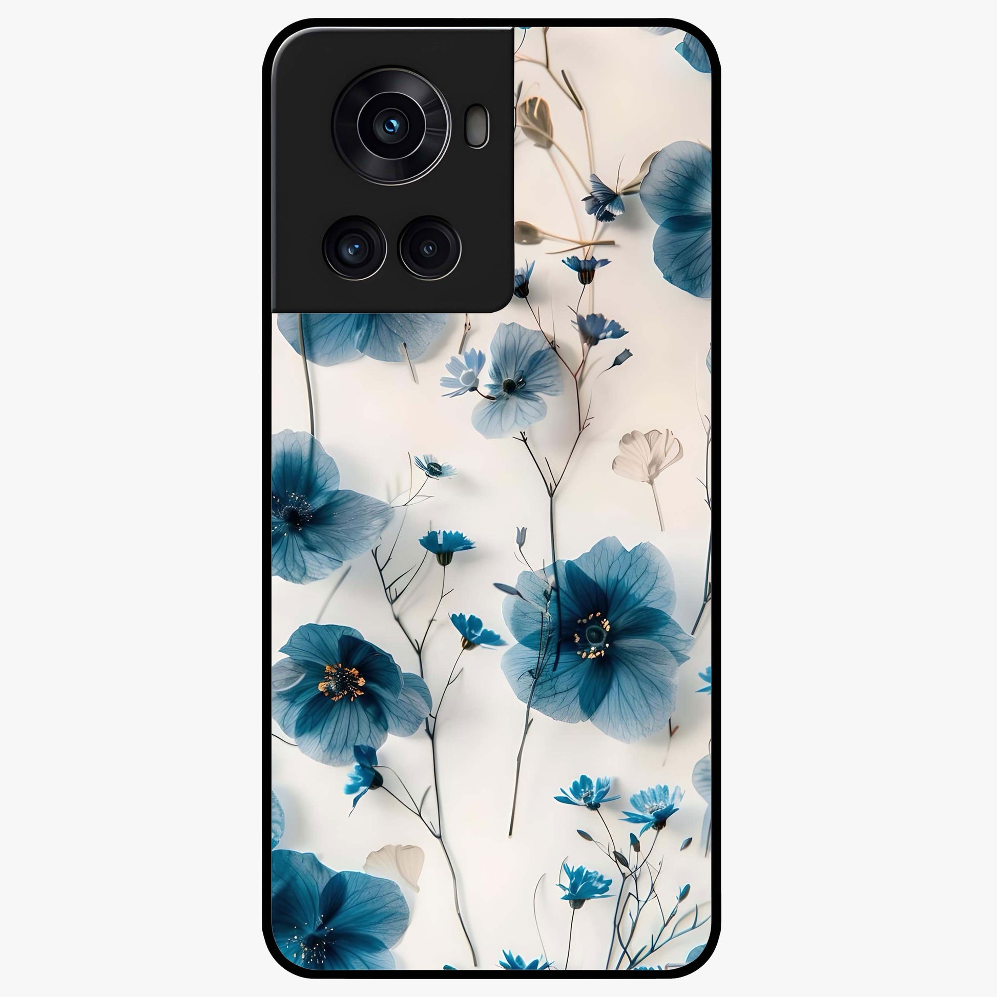 Whispers of Blue Bloom Glass Case for 1+10R vibrant front view featuring blue floral artwork with soft glow