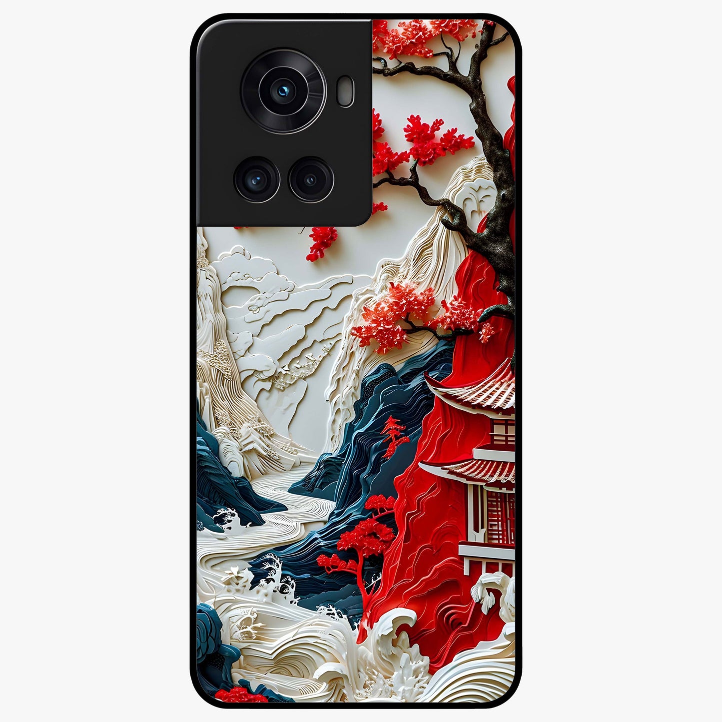 Whispers of Sakura Waves Glass Case for 1+10R artistic front view featuring cherry blossom artwork blended with flowing waves