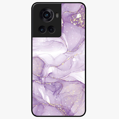 White and Purple Marble Glass Case for 1+10R elegant front view featuring marble texture artwork in white and violet tones