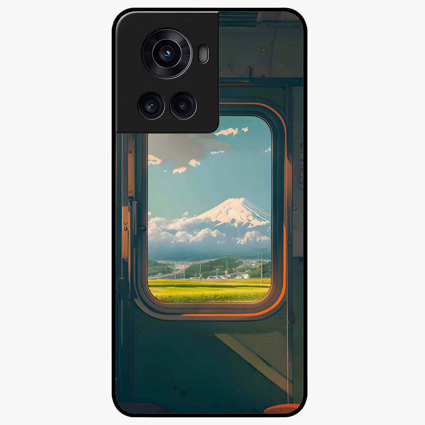 Window to Fuji Glass Case for 1+10R scenic front view featuring Mount Fuji artwork framed through a window design