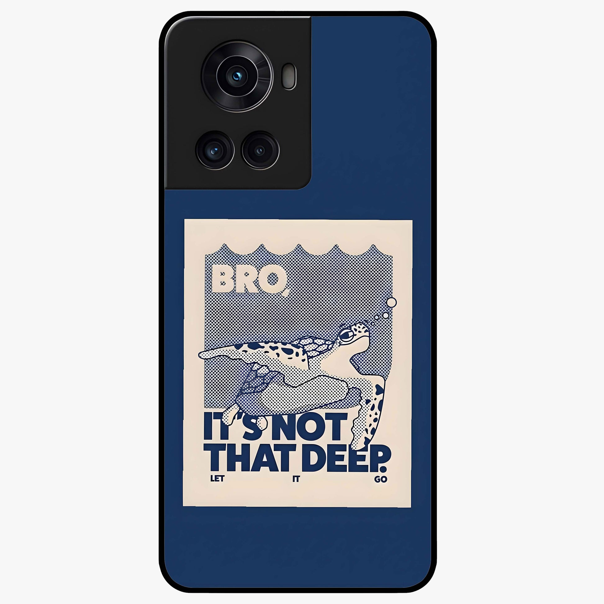 Worry Less Swim Glass Case for 1+10R uplifting front view featuring motivational typography with aquatic theme