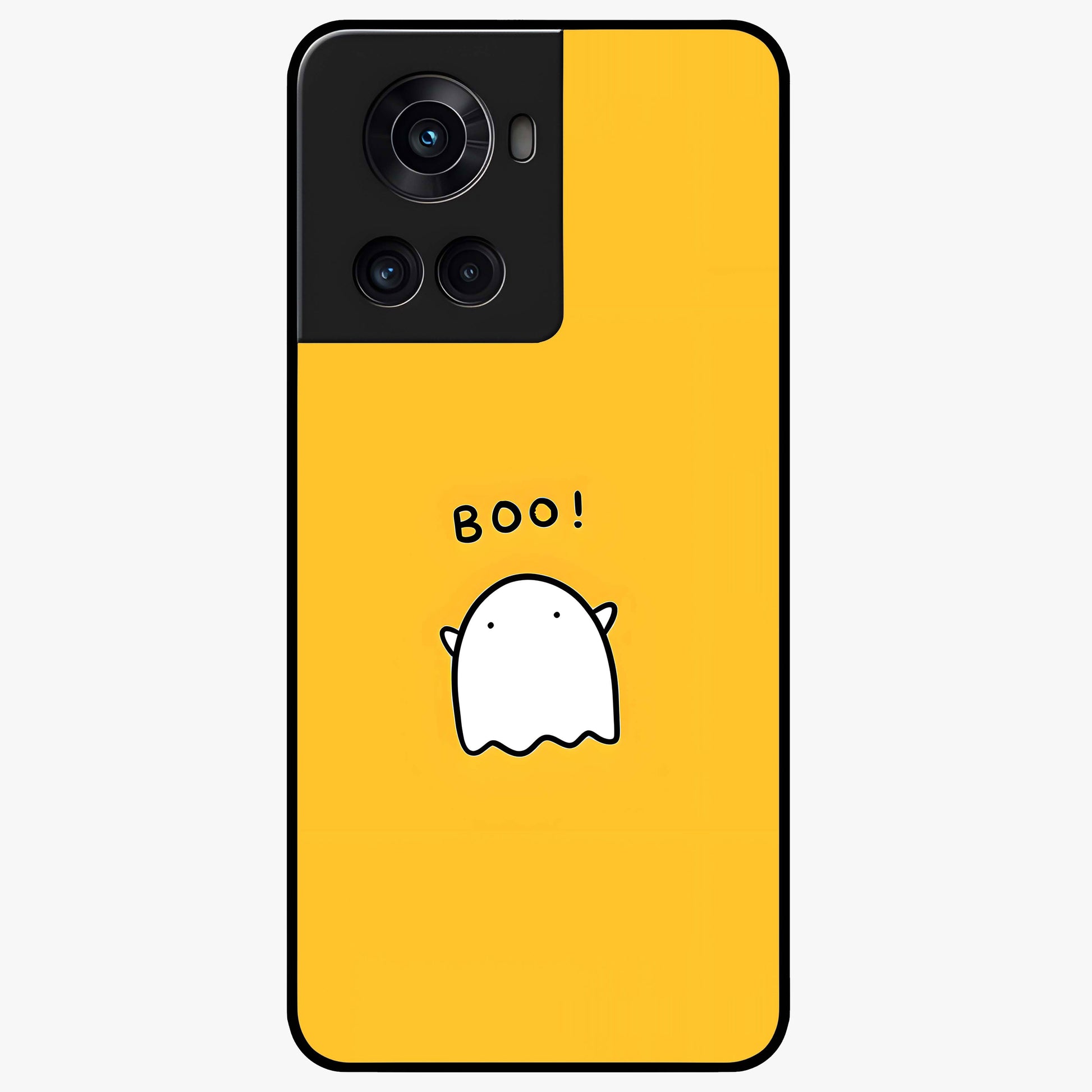 Yellow Boo Ghost Glass Case for 1+10R playful front view featuring cute ghost artwork in vibrant yellow tones