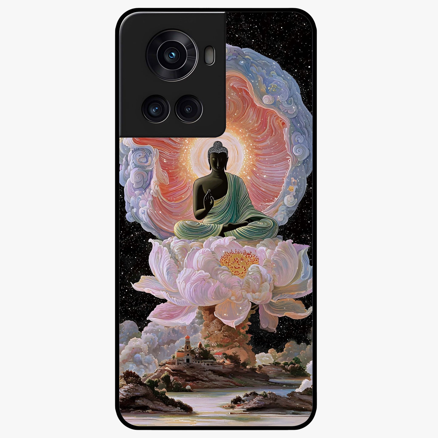 Zen Lotus Realm Glass Case for 1+10R peaceful front view featuring lotus artwork with calm spiritual tones