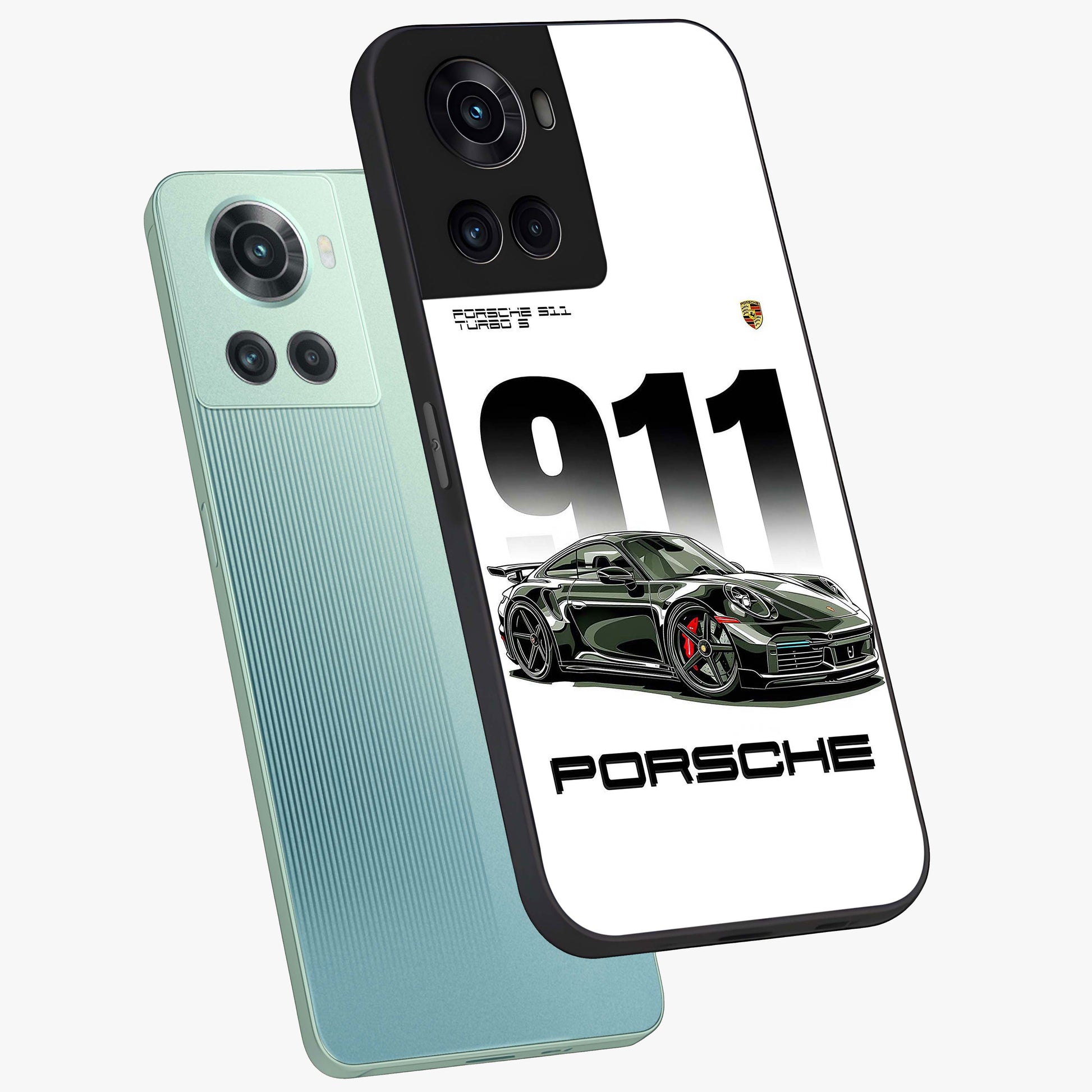 911 Turbo Dominance Glass Case for 1+10R premium angled mockup showcasing glossy glass finish and racing inspired design