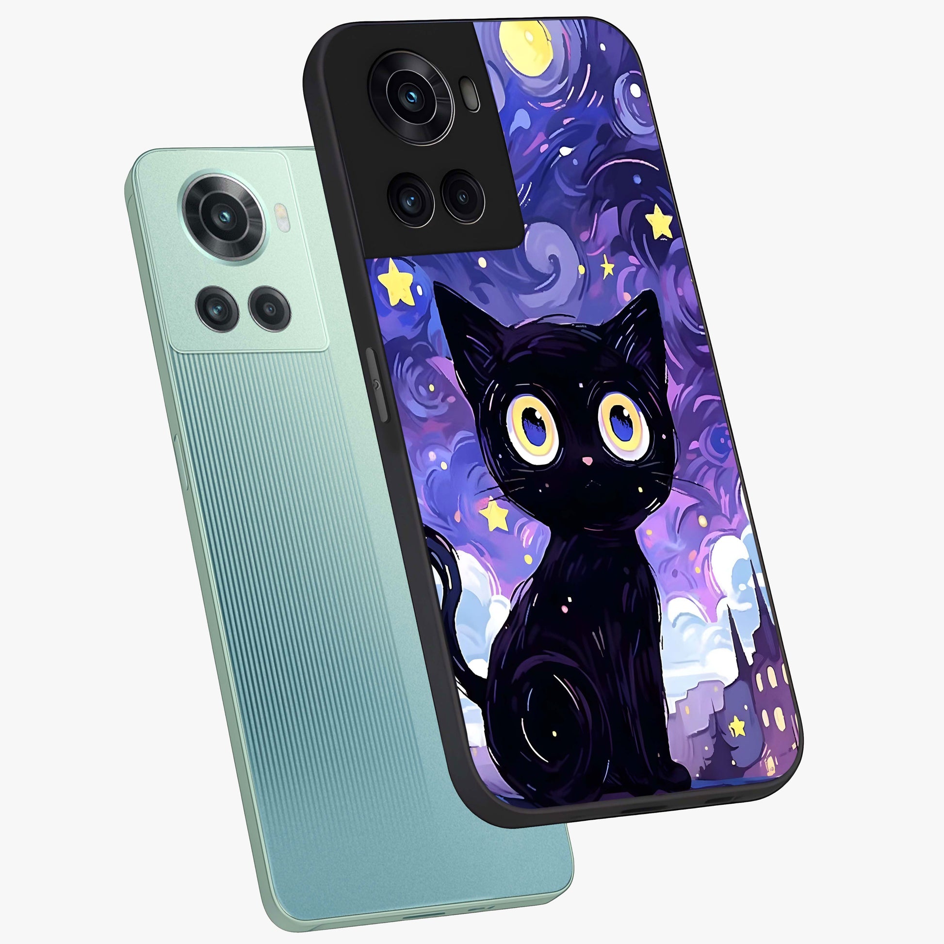 Abstract Cat Art Glass Case for 1+10R premium angled mockup showcasing glossy glass finish and creative feline design