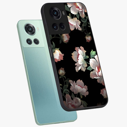 Abstract Embossed Blooming Bright Flower Glass Case for 1+10R angled mockup showcasing glossy surface and detailed bloom design