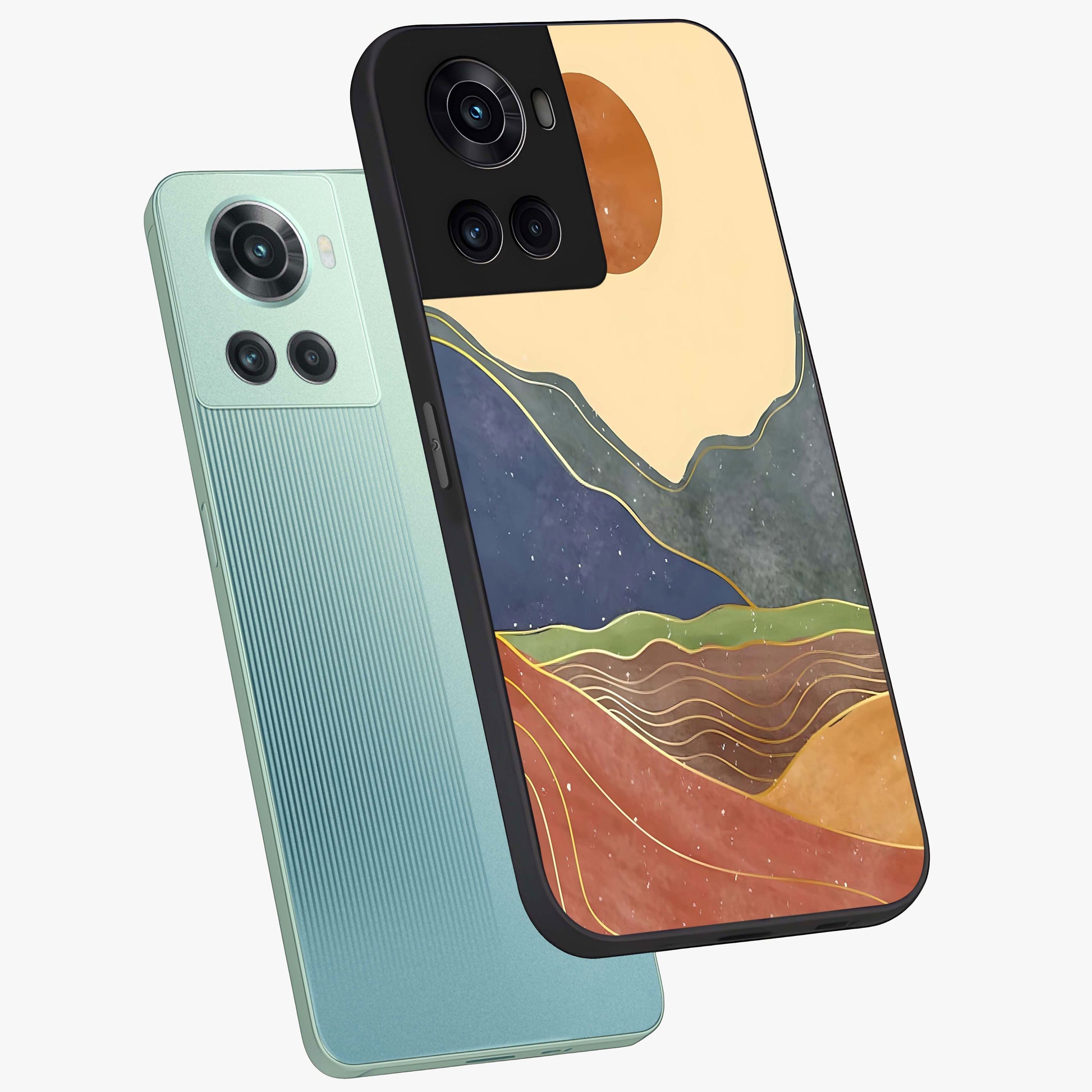 Abstract Mountain Glow Glass Case for 1+10R angled mockup showcasing glossy glass finish and scenic gradient tones
