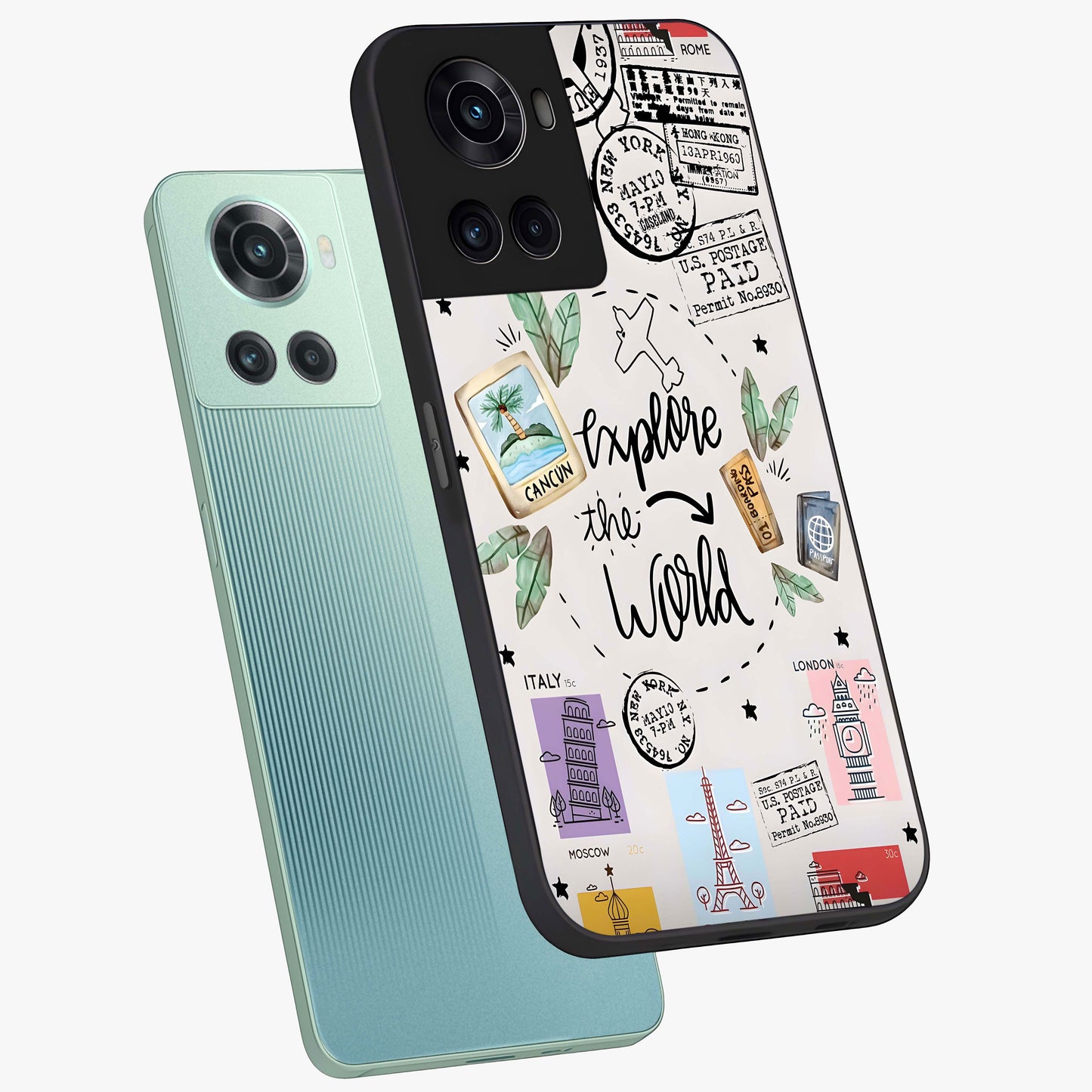 Adventure Awaits Art Glass Case for 1+10R angled display showcasing glossy finish and adventure themed design