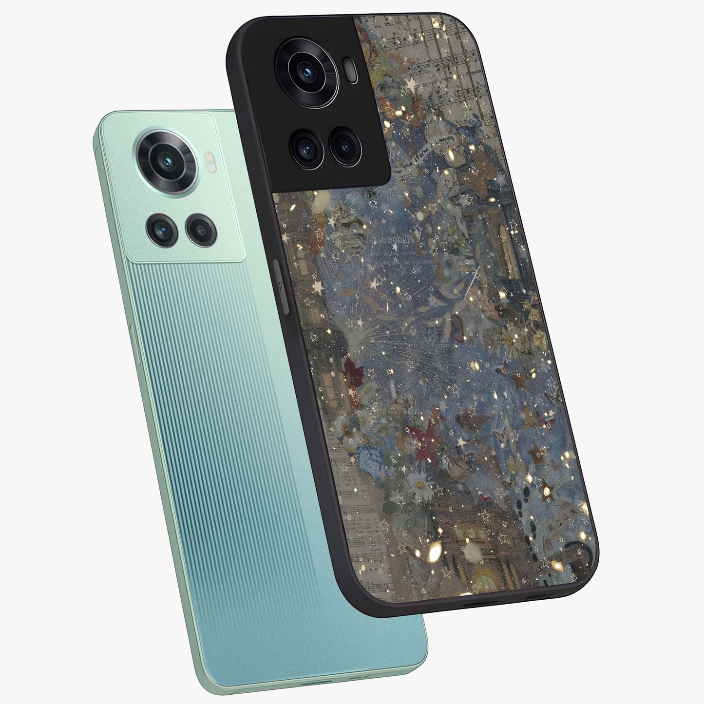 Aesthetic Astrolophia Glass Case for 1+10R angled mockup showcasing glossy cosmic design and premium glass finish