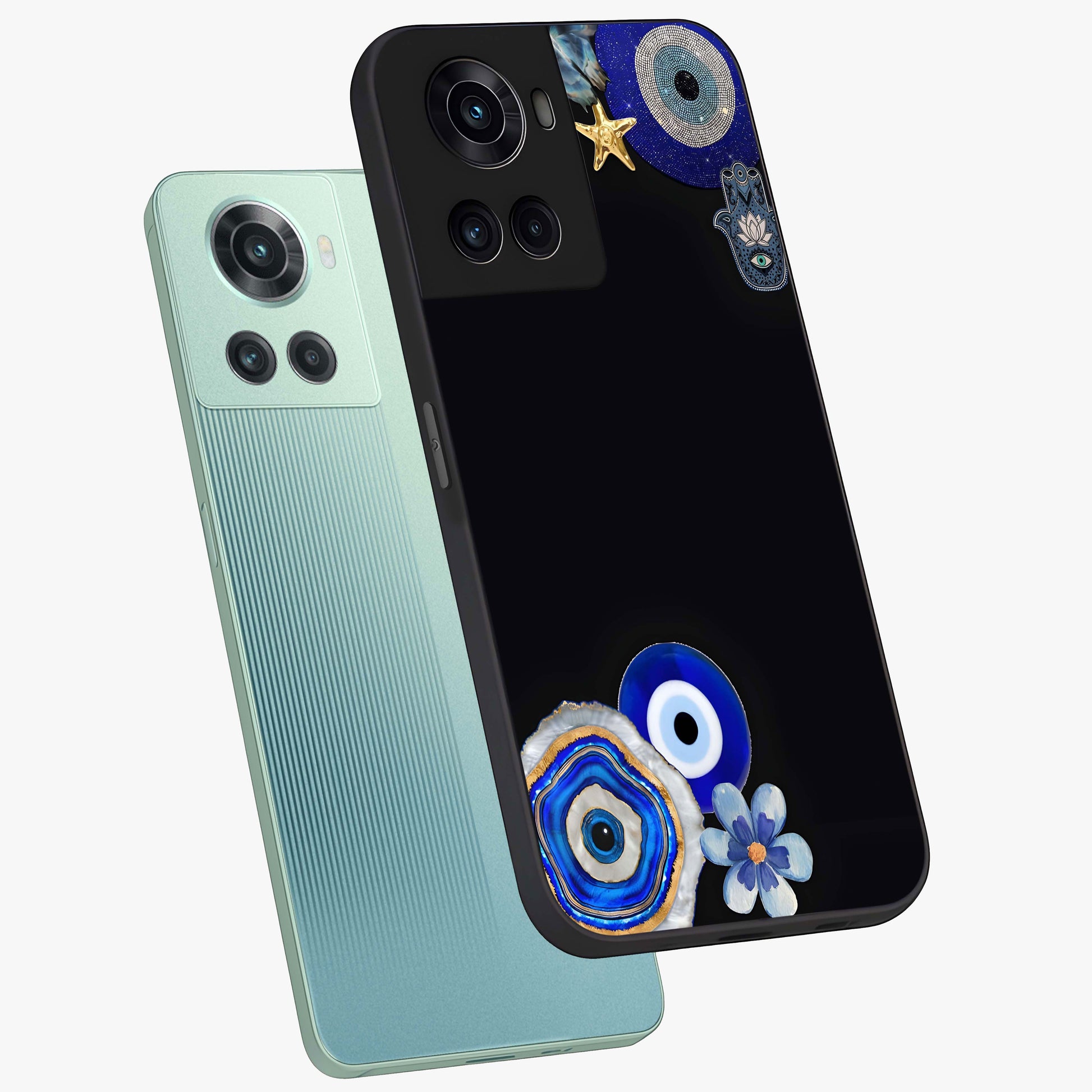 Aesthetic Blue Evil Eye Glass Case for 1+10R angled mockup showcasing glossy finish and protective symbol design