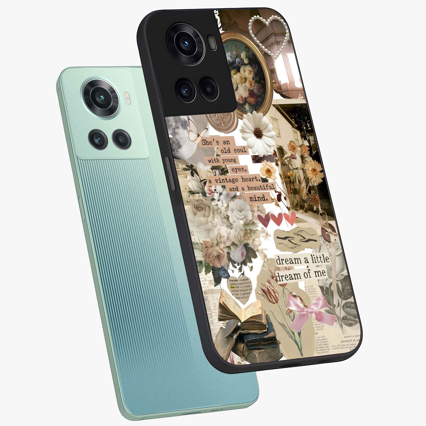 Aesthetic Brown Vintage Collage Glass Case for 1+10R angled mockup showcasing glossy layered vintage textures