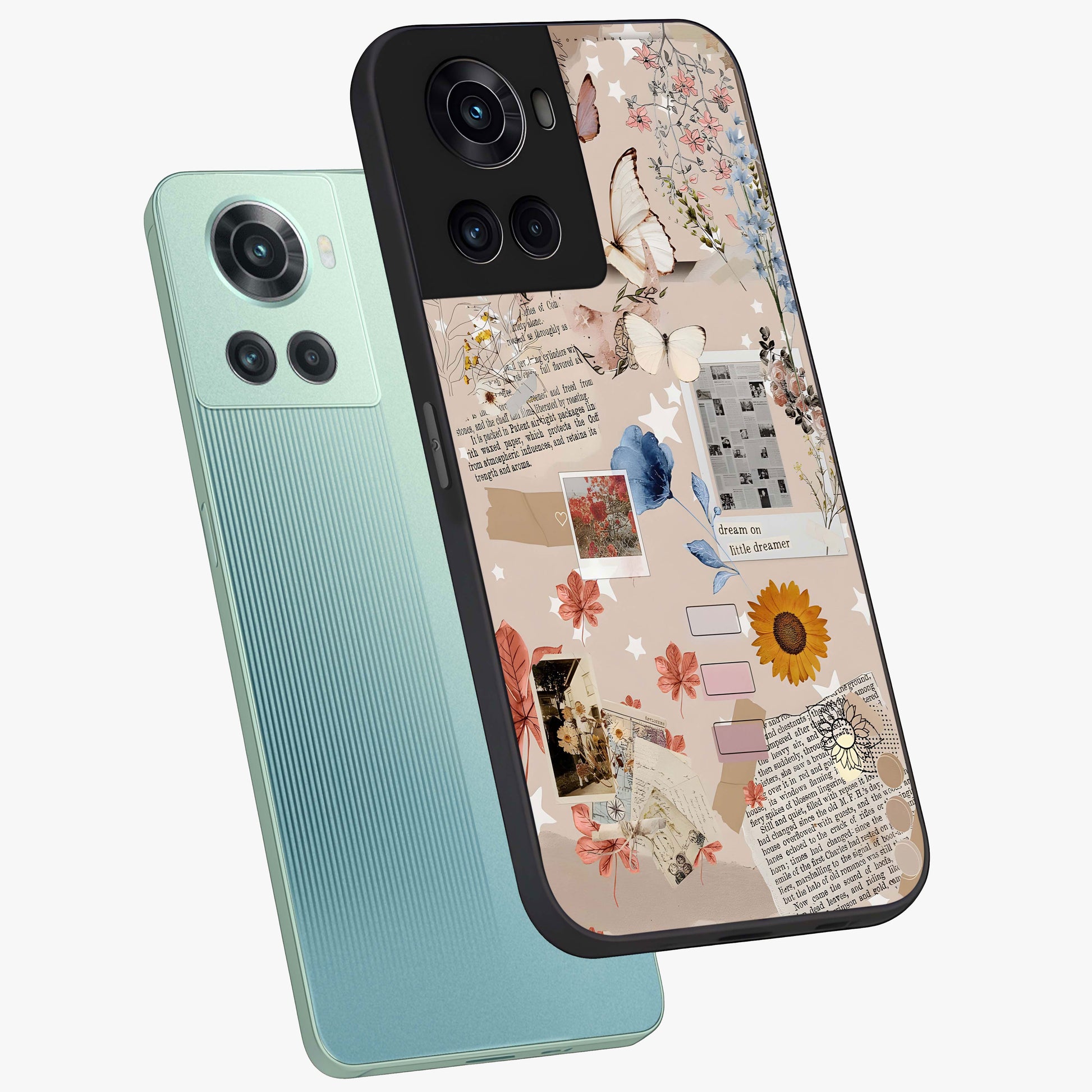 Aesthetic Butterfly Glass Case for 1+10R angled mockup showcasing glossy glass finish and delicate wing details