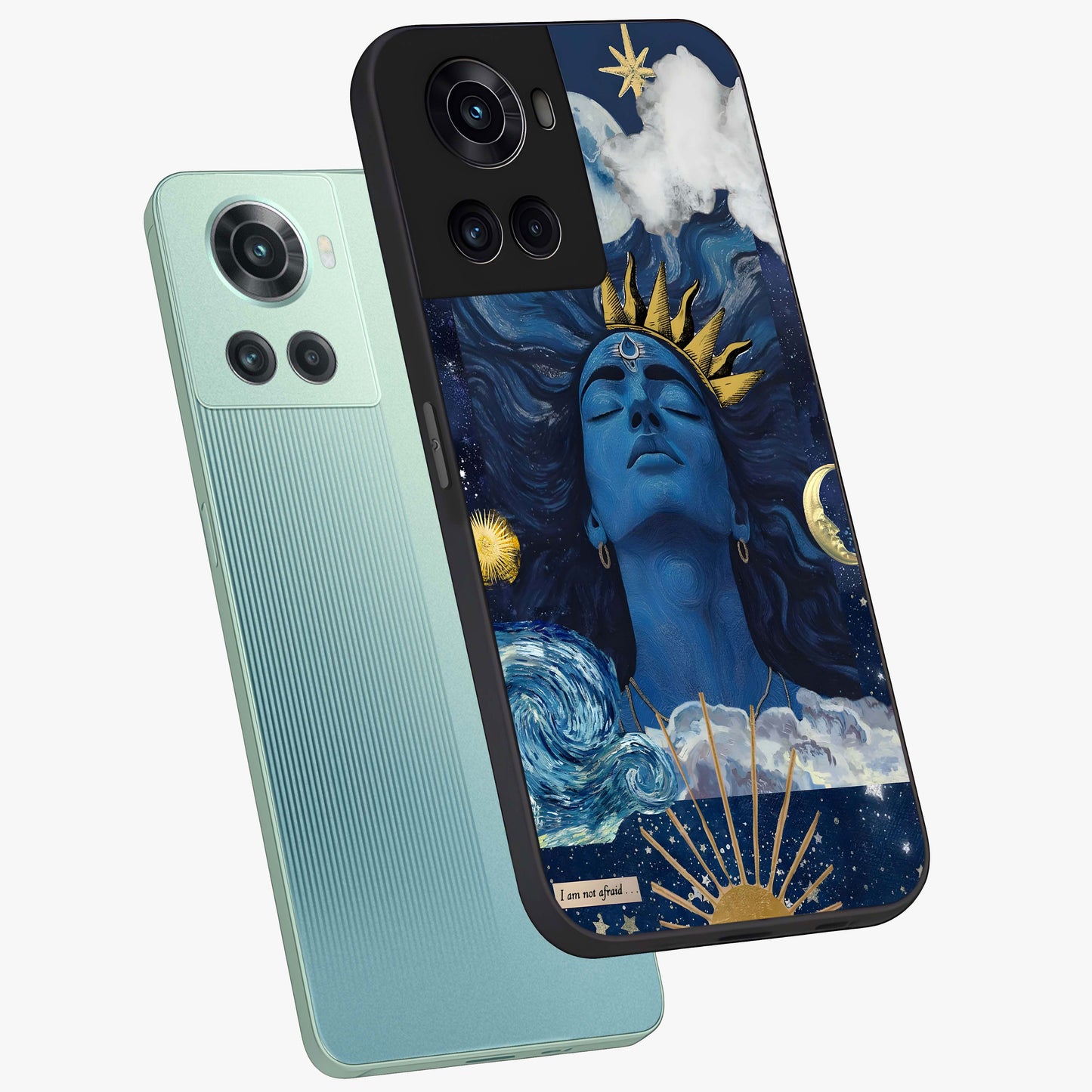 Aesthetic Lord Shiva Glass Case for 1+10R angled mockup showcasing glossy finish and divine aesthetic design
