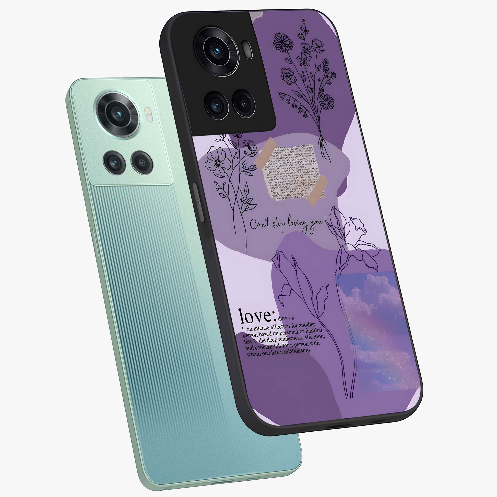 Aesthetic Love With Flower Glass Case for 1+10R angled mockup showcasing glossy finish and soft floral design