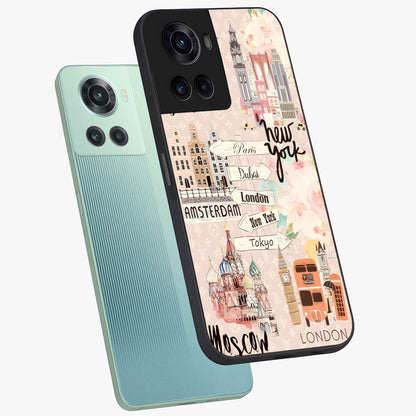 Aesthetic Travel Glass Case for 1+10R angled mockup showcasing glossy finish and adventure themed design
