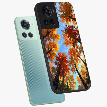 Amber Canopy Glow Glass Case for 1+10R angled mockup showcasing glossy glass finish and golden amber tones