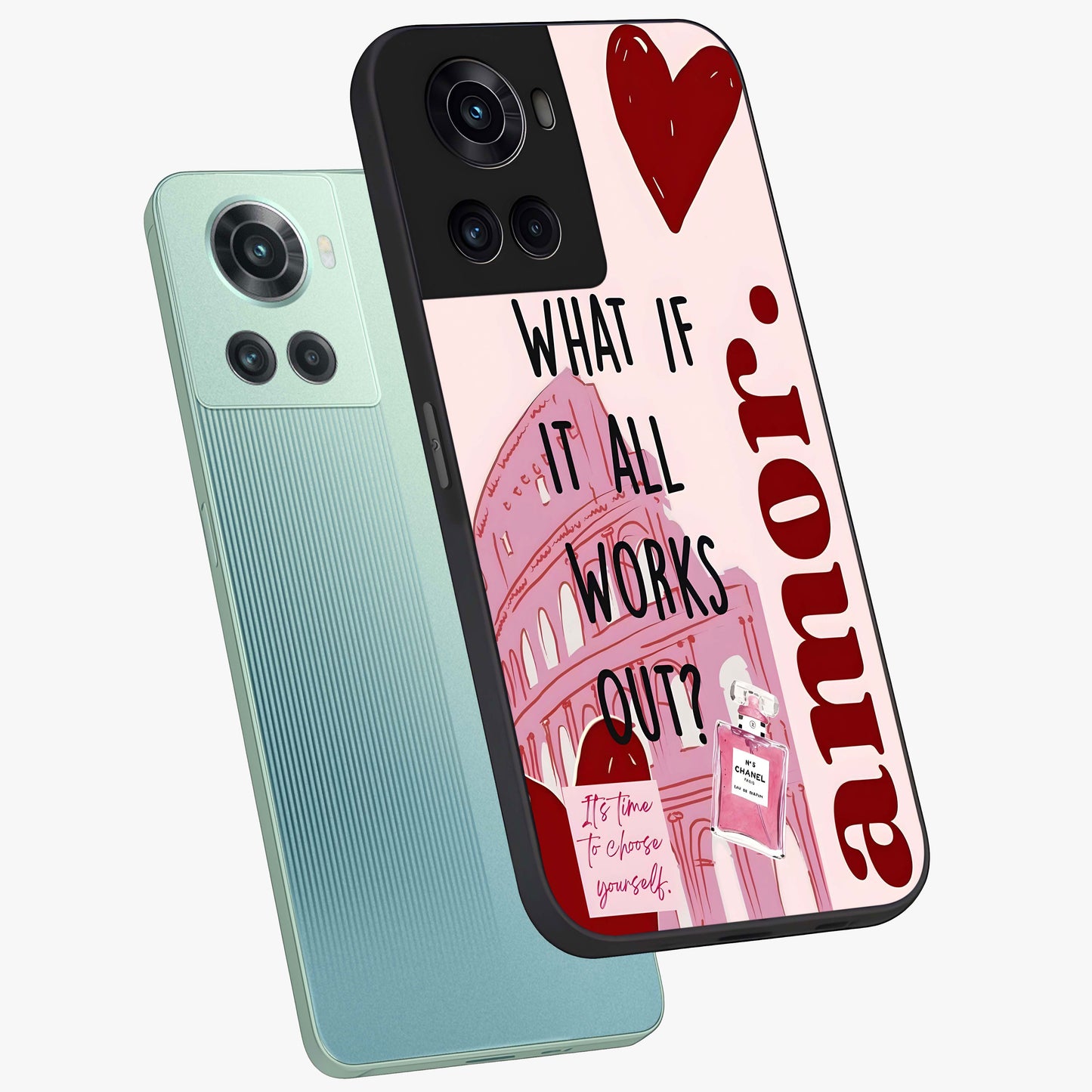 Amor Memory Scrapbook Glass Case for 1+10R angled mockup showcasing glossy finish and layered memory collage design