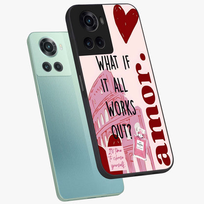 Amor Memory Scrapbook Glass Case for 1+10R angled mockup showcasing glossy finish and layered memory collage design