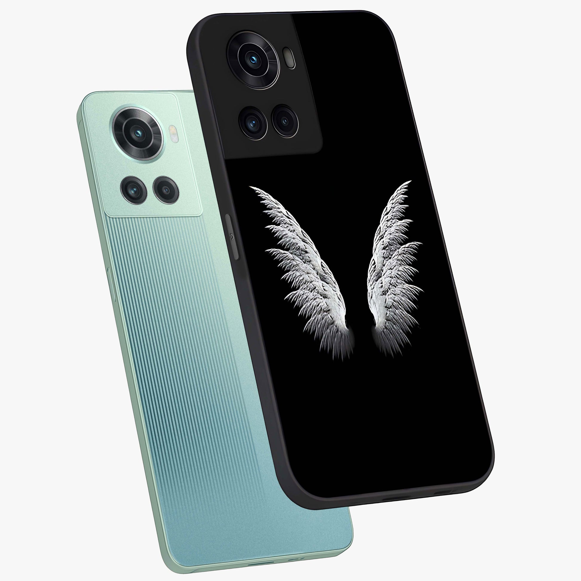 Angel Wing Grace Glass Case for 1+10R angled mockup showcasing glossy finish and graceful feather design