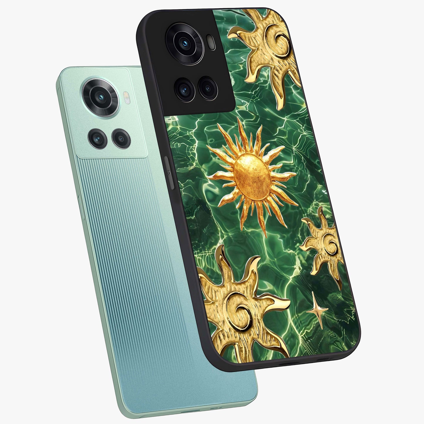 Aqua Sun Mirage Glass Case for 1+10R angled mockup showcasing glossy glass finish and radiant gradient tones