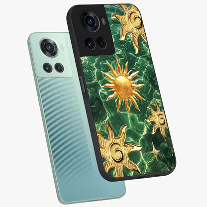 Aqua Sun Mirage Glass Case for 1+10R angled mockup showcasing glossy glass finish and radiant gradient tones
